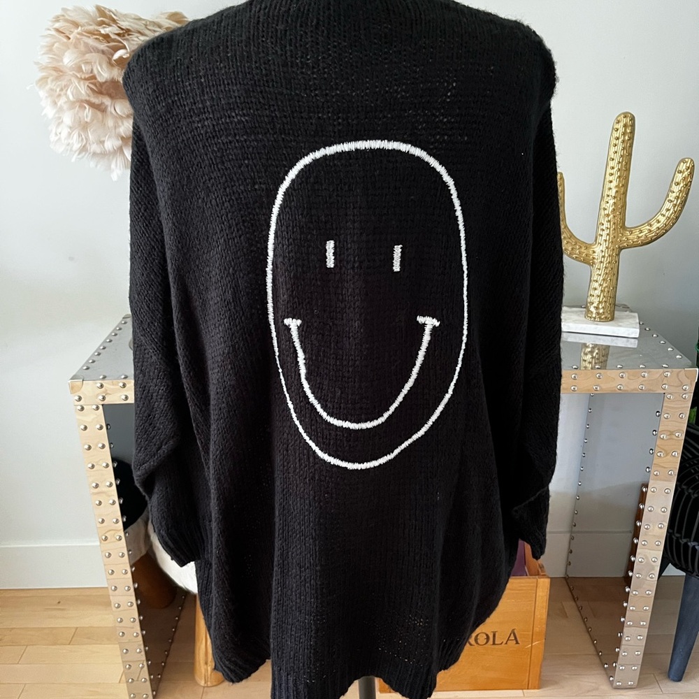 Elan Black Cardigan with Smiley Face Design